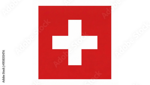 A vibrant red square featuring a bold white cross, symbolizing safety, neutrality, and precision