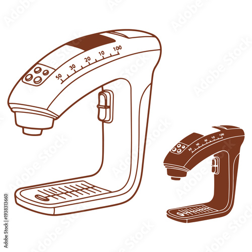 Modern Coffee Machine Illustration in Two Sizes with Measurement Markings and Buttons for Convenient Coffee Brewing