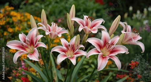 Detailed imagery of pink and white lilies flourishing in garden landscape