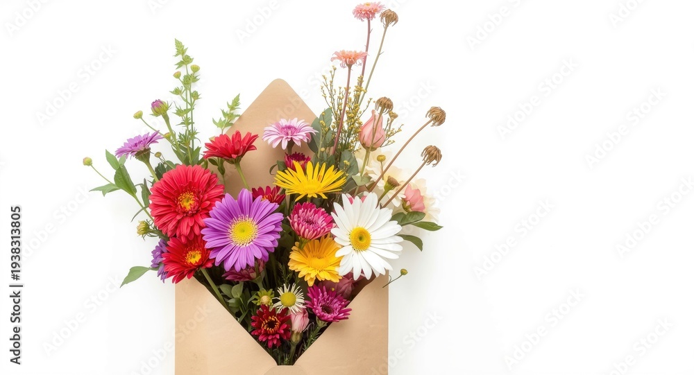 Obraz premium Assorted summer flowers including asters daisies and bindweed arranged in a brown paper envelope with a clean white backdrop for celebratory themes