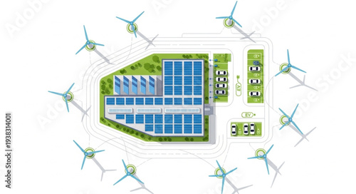 Aerial view of a sustainable energy facility with solar panels and wind turbines.