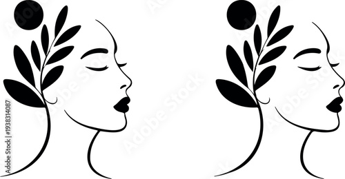 Elegant line art profile of a woman with leaves and a circle, abstract beauty, botanical portrait