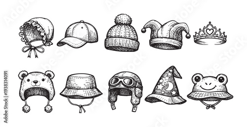 Hand-drawn style illustration depicting a variety of hats and crowns, from a baby bonnet to a wizard hat, perfect for designs needing a whimsical and playful touch.