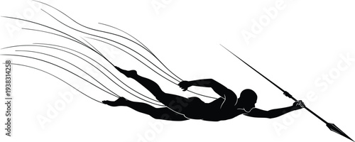 Underwater diver hunting fish with spear silhouette, free diving spearfishing sport concept illustration isolated on white background