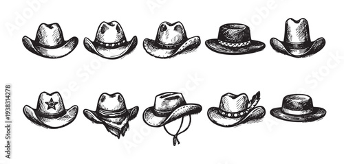 A collection of different sketched cowboy hats, from basic to decorated with feathers and stars, all in black and white against a clean white background.