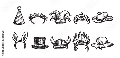 A collection of black and white hand-drawn style costume hats and headwear including party hats, crowns, and animal ears, perfect for designs for parties or events.