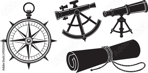 Steampunk compass and vintage navigation instrument set vector
