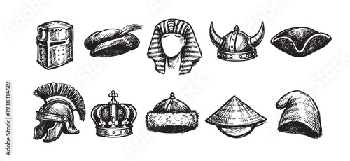 This is a hand-drawn collection of hats and headwear throughout history, rendered in black ink on white background and presented in a cartoon style.