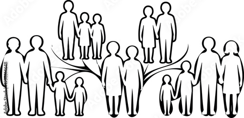 Family tree outline showing generations of people in a simple, cohesive black and white illustration