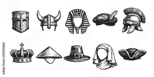 Hand-drawn sketches illustrate a collection of historical hats and helmets, including a knight's helmet, Viking helmet, crown, and more, rendered in a vintage style on white.