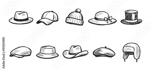 Set of ten sketched hats, including fedora, baseball cap, beanie, sunhat, top hat, newsboy cap, bucket hat, cowboy hat, beret, and trapper hat on white.