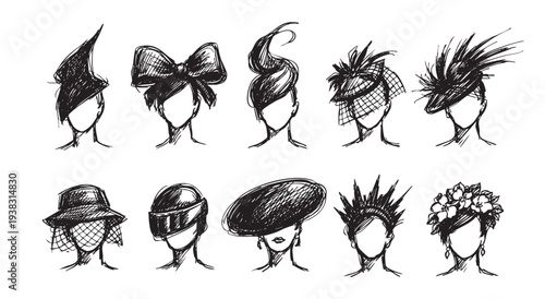 Collection of sketches of fashionable women's hats in a variety of styles and shapes, showcasing diverse design elements against a clean white backdrop.