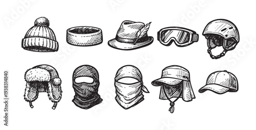 An illustration showcasing various winter hats, helmets, goggles, and face coverings with a hand-drawn style, ideal for sport, fashion, or seasonal designs.