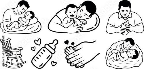 Father and baby illustrations depicting tender moments and active father child engagement