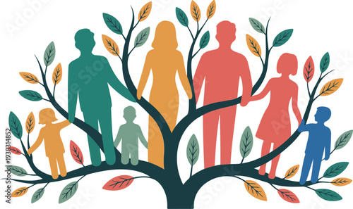 Family tree with colorful silhouette figures representing generations connected through branches and leaves