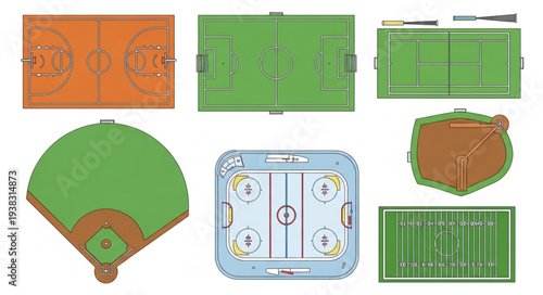 Collection of Various Sports Fields and Courts Overhead View.