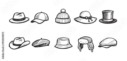 A sketch illustration featuring different types of hats in a simple hand-drawn style, isolated on a white background, good for fashion or design purposes.