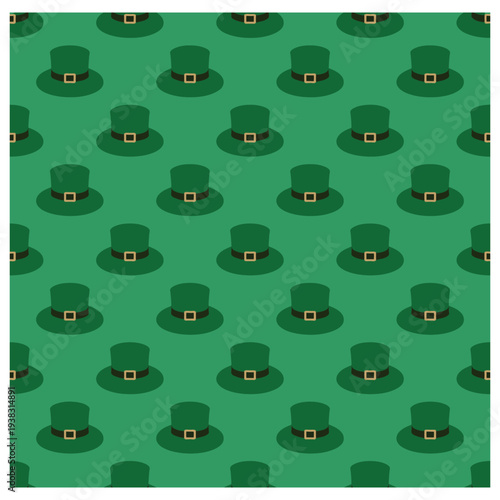 Seamless pattern with green leprechaun hats featuring brown buckle arranged in neat rows on a vibrant green background