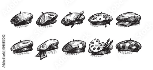 A line of sketched artist berets in a variety of styles and patterns, shown with paintbrushes and palettes, on a clean white background for creative projects.