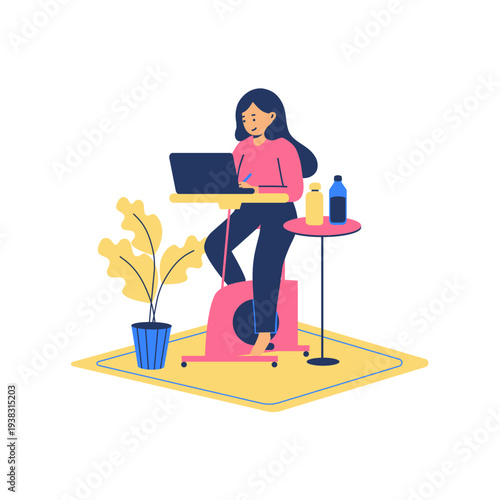Woman Working on Laptop While Exercising on Stationery Desk Bike