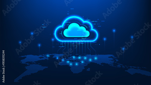 Cloud computing technology background featuring a cloud connected to the global network, representing cloud data storage, digital infrastructure, online services, and worldwide connectivity.