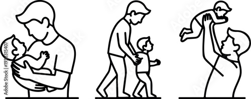 Father and child illustrations: carrying, walking, and lifting in loving interactions