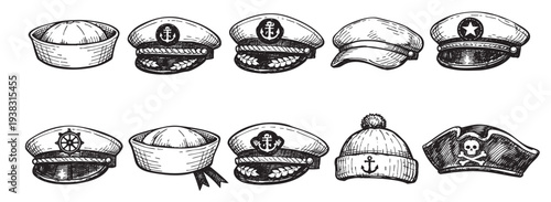 Collection of hand-drawn nautical hats including sailor, captain, and pirate varieties, sketched in black ink on a white background, perfect for themed designs.