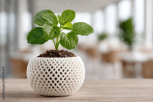A vibrant green plant flourishing in a modern, decorative pot on a wooden surface, showcasing a blend of nature and contemporary design in a bright, airy interior setting.