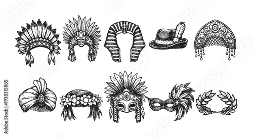 A collection of black and white illustrations showcases various festive headdresses from different cultures, creating a visually appealing and versatile asset.