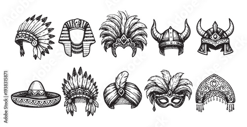 A sketch-style illustration showing various hats and headwear including a headdress, pharaoh mask, carnival mask, and Viking helmet against a white background. Can be used for parties, design.