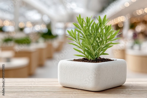 A contemporary square planter with a lush green houseplant sitting on a wooden surface, creating a sense of calm and freshness in a modern interior space.