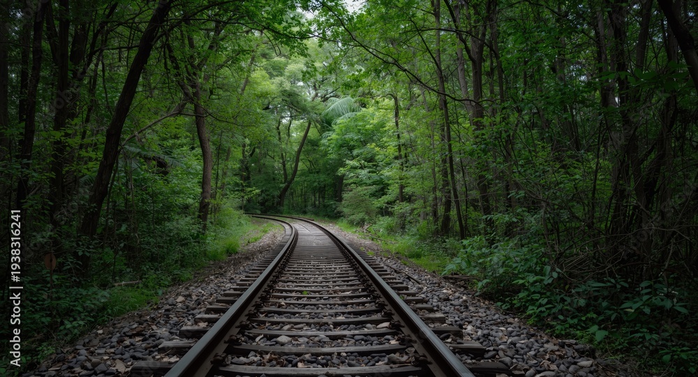 Obraz premium A deserted railway track winding through dense forest with lush greenery creating an abandoned atmosphere