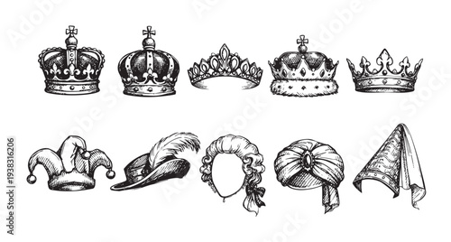 A collection of hand-drawn sketches of royalty crowns, tiaras, and historical hats, including a jester hat and turban on a clean white background.