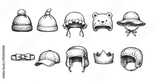 Collection of hand drawn sketch style baby hats, caps, and accessories isolated on white background. Great for textile design, pattern, logo, fashion illustration.
