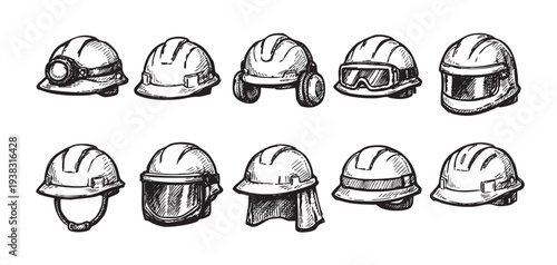 Black and white sketch illustration showing various construction helmets, safety helmets, and hardhats on a white background, perfect for industrial or design projects.