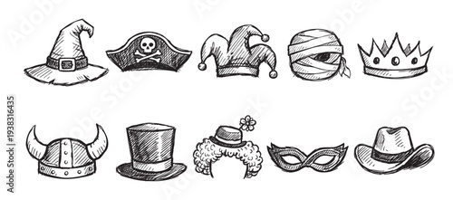 Line art illustration featuring various costume hats, including witch hat, pirate hat, jester, mummy, crown, viking, top hat, clown wig, mask, and cowboy hat. Perfect for Halloween or Carnival designs