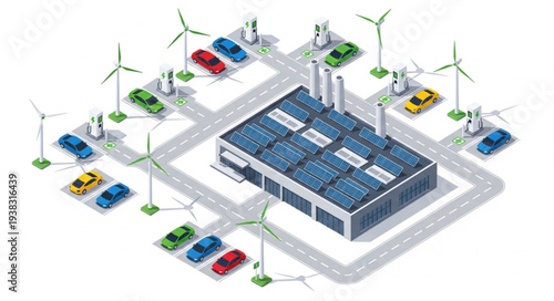Modern factory with solar panels and electric cars charging stations.