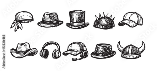 Line art illustration showing various styles of hats, including fedora, top hat, cowboy, viking helmet, and baseball cap. Isolated on white.
