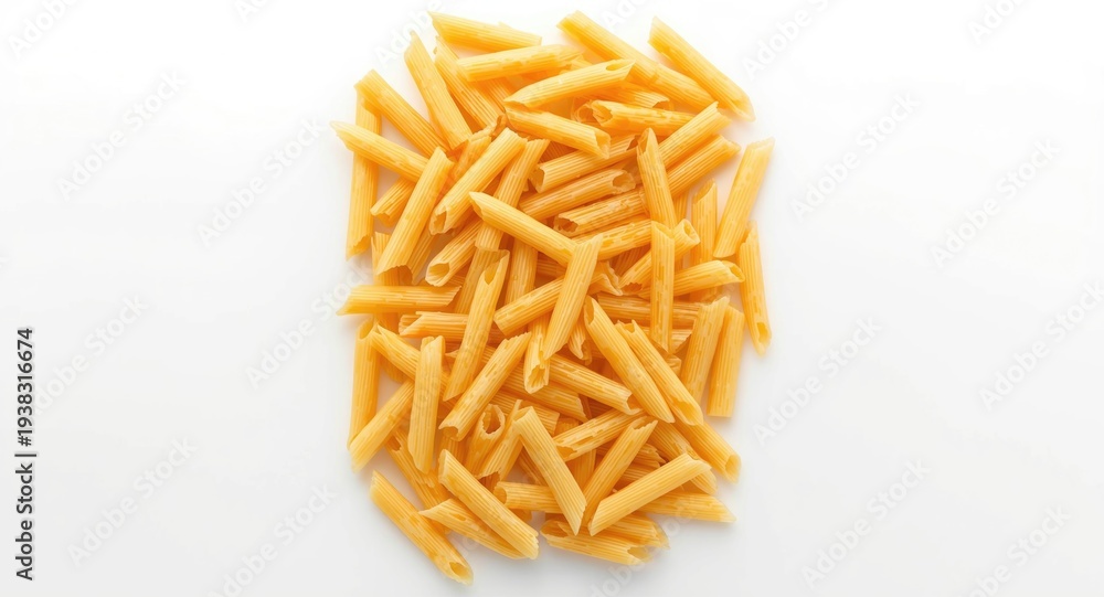 Fototapeta premium Dry penne pasta resting on a glossy white background