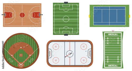 Collection of Different Sports Fields and Courts Top View.