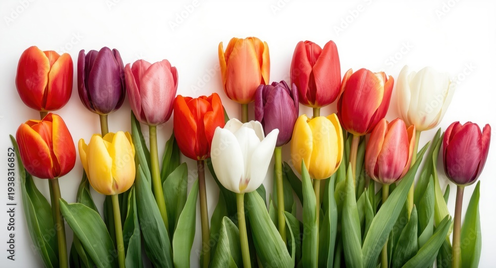 Obraz premium Colorful assortment of tulips with diverse shapes displayed against a white backdrop highlighting their elegant floral arrangement