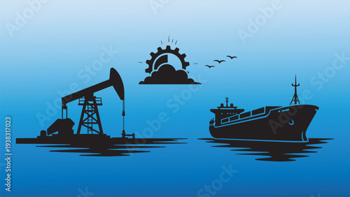 Oil Rig and Tanker Ship Silhouette Sunset Industry Illustration