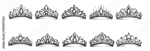 Ten tiaras are shown in a black sketch style on a white background; perfect for invitations, design elements, or patterns.