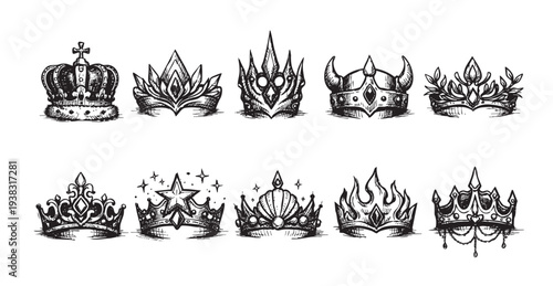 Ten hand-drawn sketches of crowns are displayed in a row on a clean white backdrop, making a regal collection for designs.