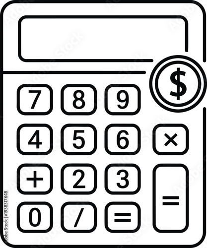 Simple line drawing of a calculator with a dollar sign on the top right corner.