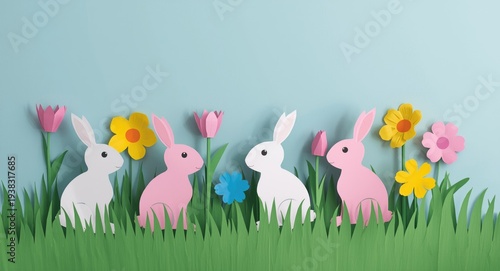 Easter craft paper rabbits and bright flowers placed in a calm natural setting for cards