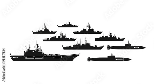 Warships and Submarines Silhouetted Against White.