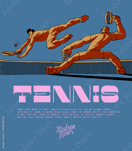 Tennis dynamic net play with hits and jumps vintage typography t-shirt print vector illustration