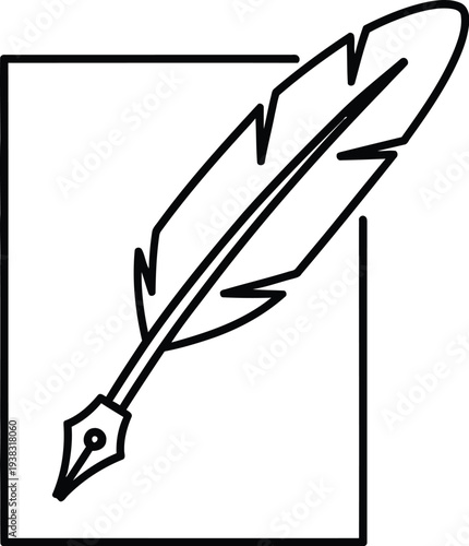 Simple icon design depicting a classic quill pen poised above a blank document ready for creative writing or correspondence.