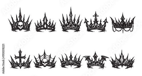 Collection of nine gothic style crowns, hand-drawn black and white vector illustration isolated on white background. Ideal for dark fantasy designs.